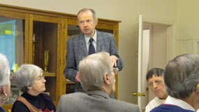 Dr. Walter Strachan giving a presentation at the luncheon with Mt. Nebo Lutheran Church Members